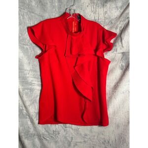 Gracia Red Ruffle Bow Mock Neck Cap Sleeve Blouse Top Women's L